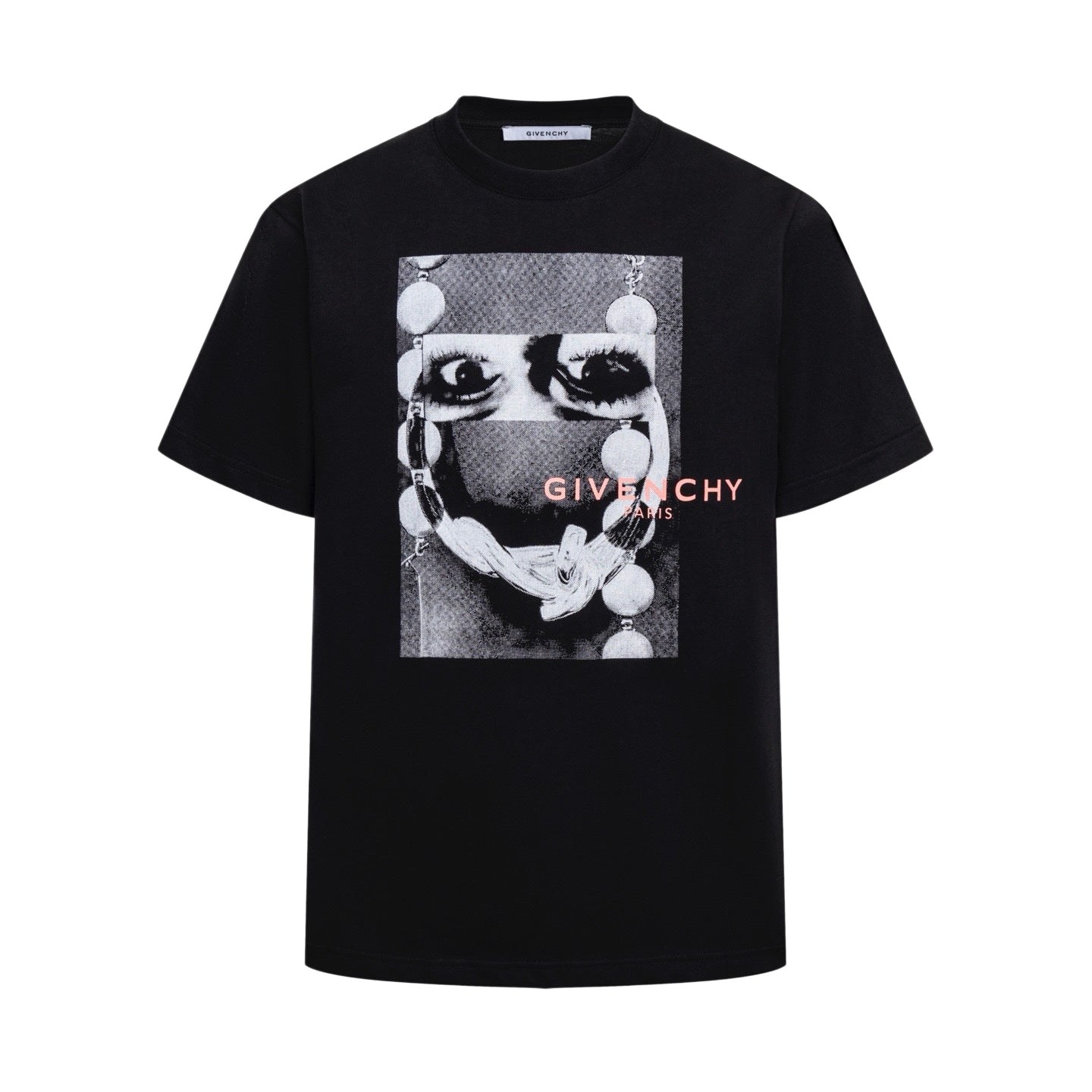 Givenchy black T-shirt with monochrome face graphic and logo print on front
