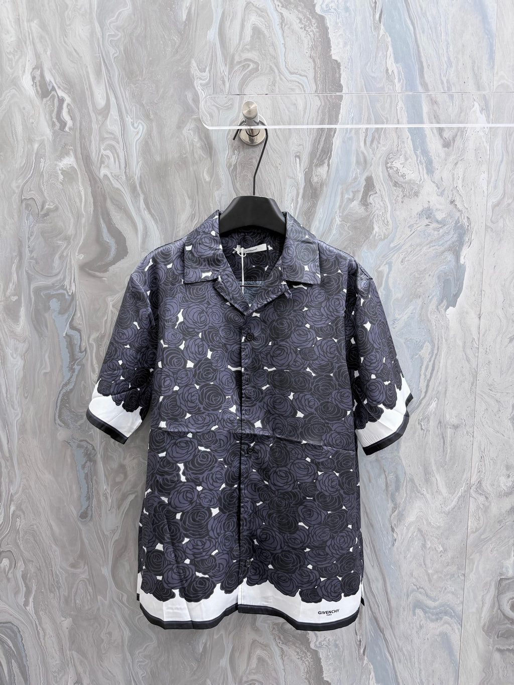 Givenchy short-sleeve button-up shirt with navy rose pattern and black trim