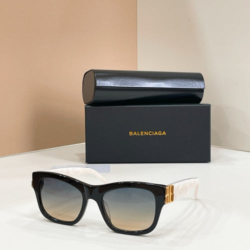 Balenciaga black square sunglasses with gold logo temple detail and tinted lenses