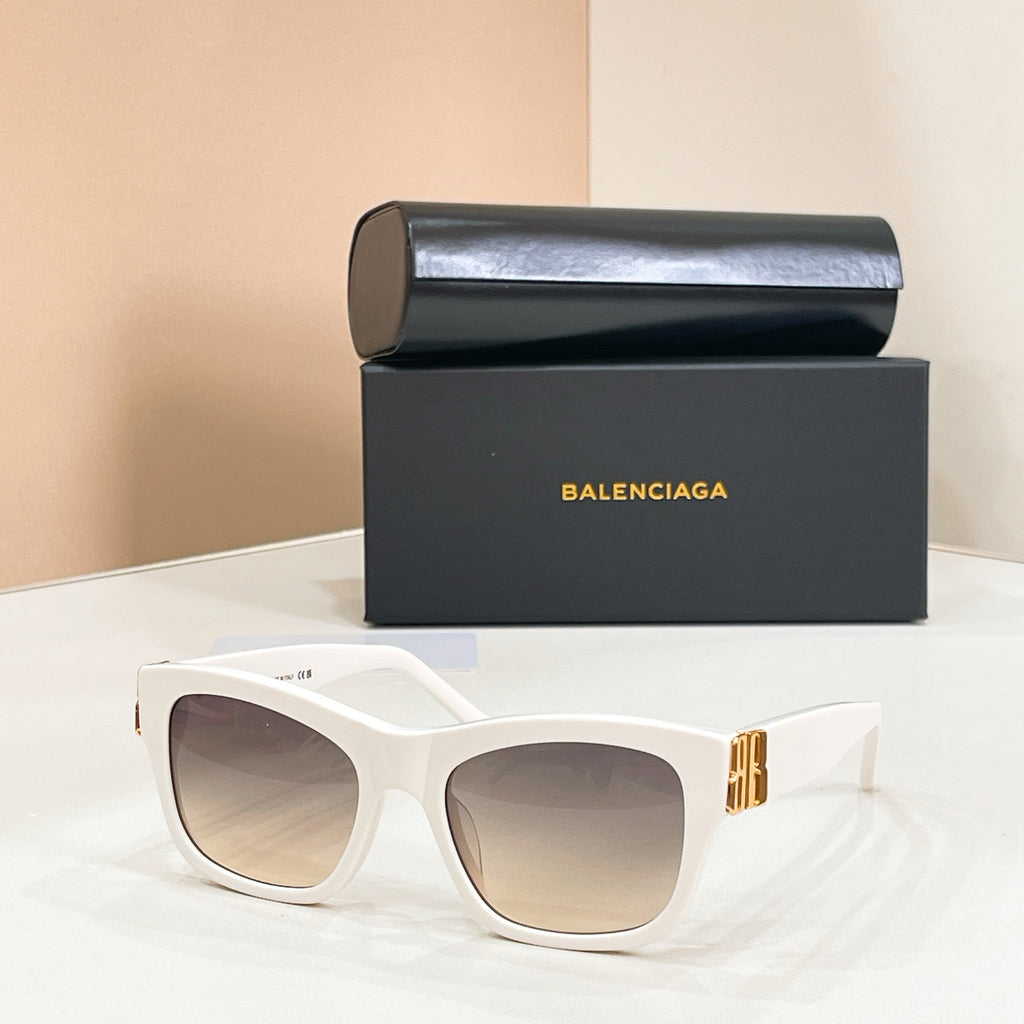 White square sunglasses with gold logo temple detail and light-tinted lenses