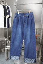 Louis Vuitton blue denim wide-leg pants, side pockets, logo-pattern hem panels