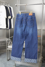 Louis Vuitton blue denim wide-leg pants, back patch pockets, logo-pattern hem panels