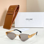 Cat-eye sunglasses with brown lenses and gold-tone frame, black temple accent