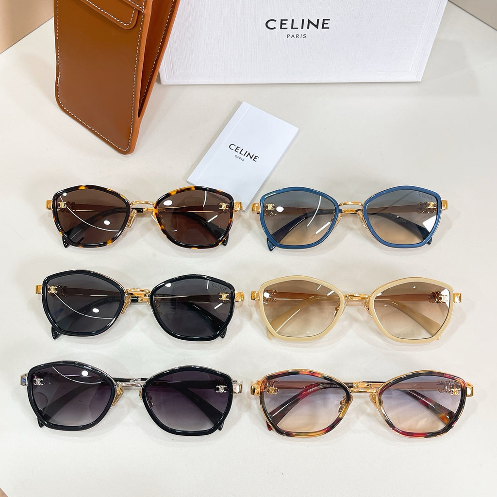 Celine sunglasses assortment with mixed frames, including black, blue, tan, and tortoise