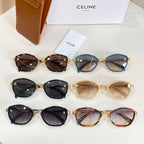 Celine sunglasses assortment with mixed frames, including black, blue, tan, and tortoise