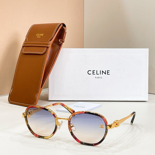 Round sunglasses with tortoiseshell frame, light lenses, and gold-tone temple logo emblem