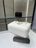 White Chanel mini handbag with gold clasp hardware and structured shape