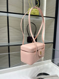 Chanel light pink mini shoulder bag with top handle, crossbody strap, and gold clasp