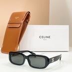 Celine sunglasses with black square frames and dark lenses, shown with tan case