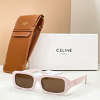 Celine sunglasses with light pink frames and brown-tinted lenses, with tan case