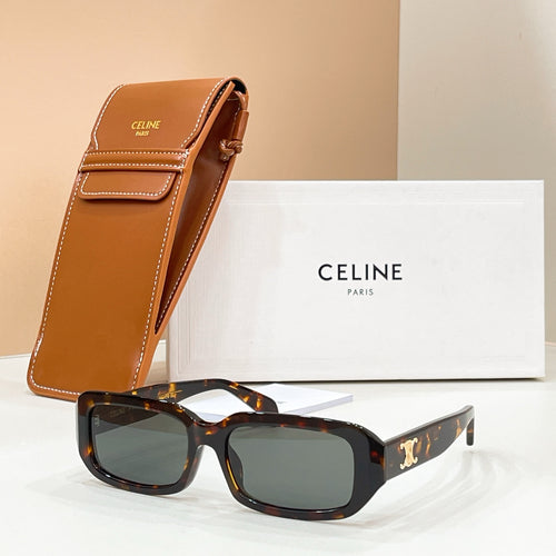 Celine sunglasses with tortoiseshell frames and dark lenses, with tan leather case