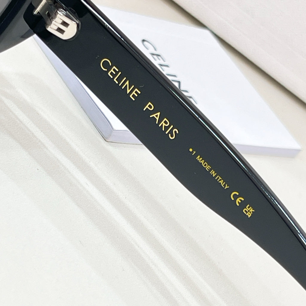 Celine sunglasses temple close-up with Celine Paris text and made in Italy