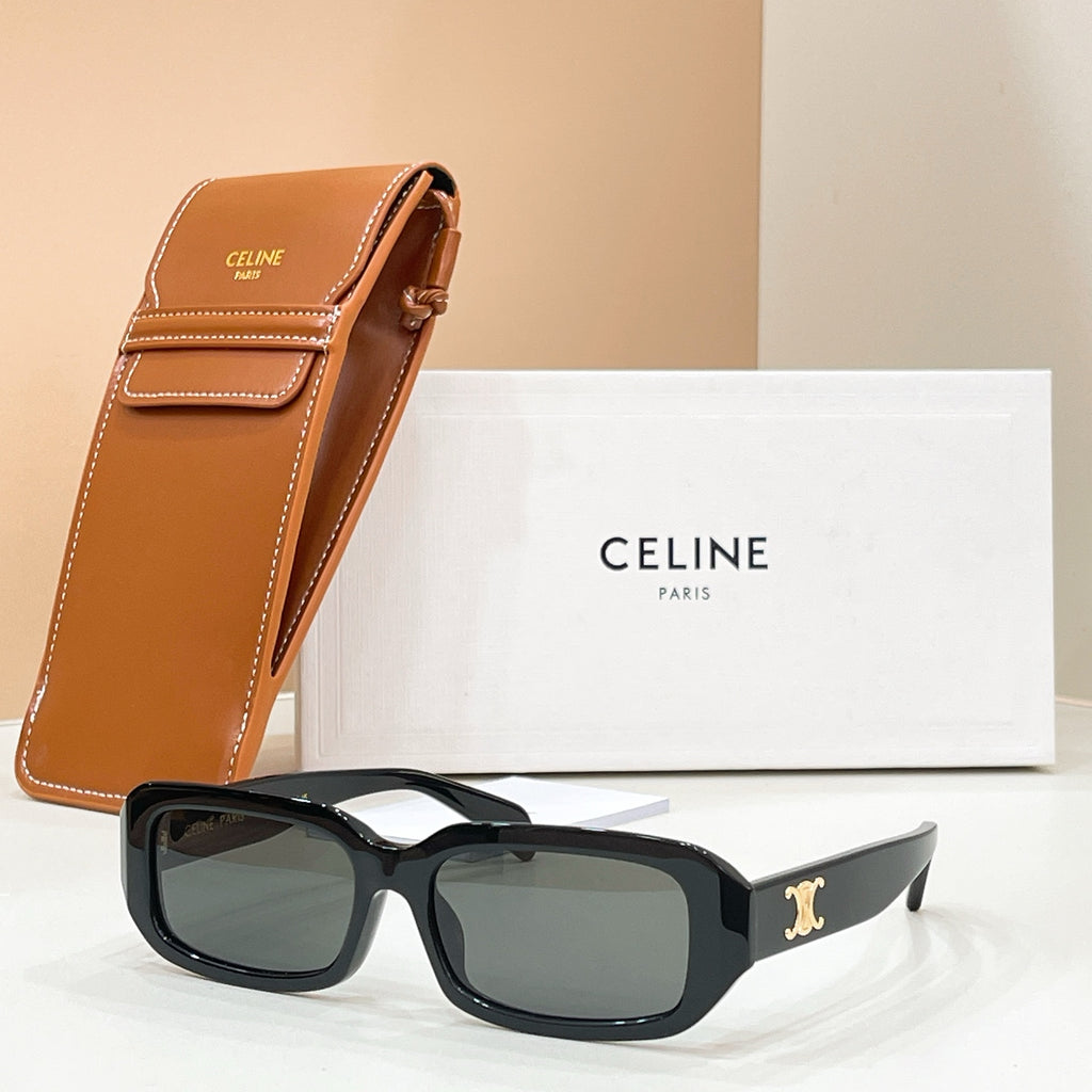 Celine sunglasses with black square frames and dark lenses, with tan leather case