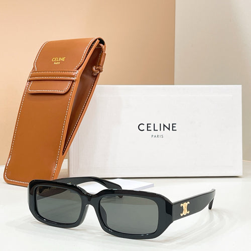 Celine sunglasses with black square frames and dark lenses, with tan leather case