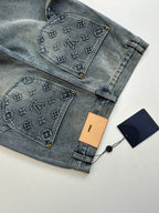 Folded denim shorts with monogram-print front and rear pocket panels