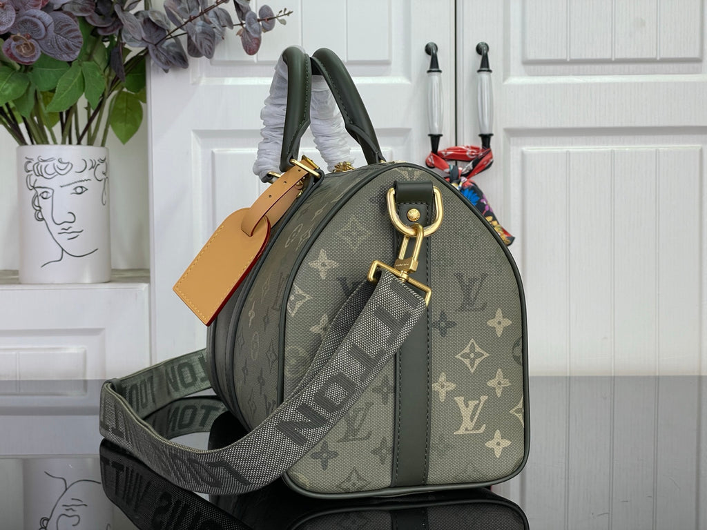 Louis Vuitton monogram tote bag with dark green strap and tan leather luggage tag
