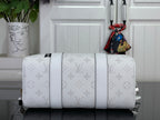 White Louis Vuitton monogram duffel bag with wide front panel and side handles