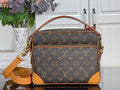 Louis Vuitton monogram crossbody bag with tan trim and gold-tone hardware