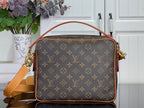 Louis Vuitton monogram handbag with tan trim and gold-tone side hardware