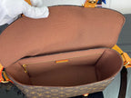Monogram bag interior with brown lining and top opening, front view