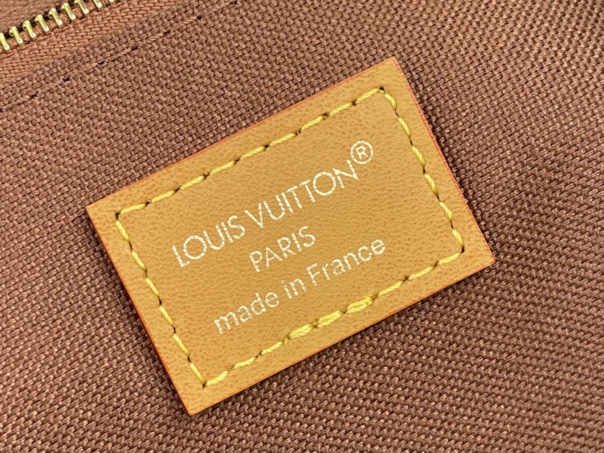 Louis Vuitton label on brown patch reading “made in France”