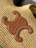 Celine logo patch on woven straw fabric with brown leather finish