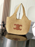 Woven straw tote bag with Celine logo patch and leather-trimmed open top