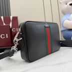 Gucci leather crossbody bag, black with vertical green red striped web