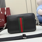 Gucci leather crossbody bag, black with green and red web stripe and strap