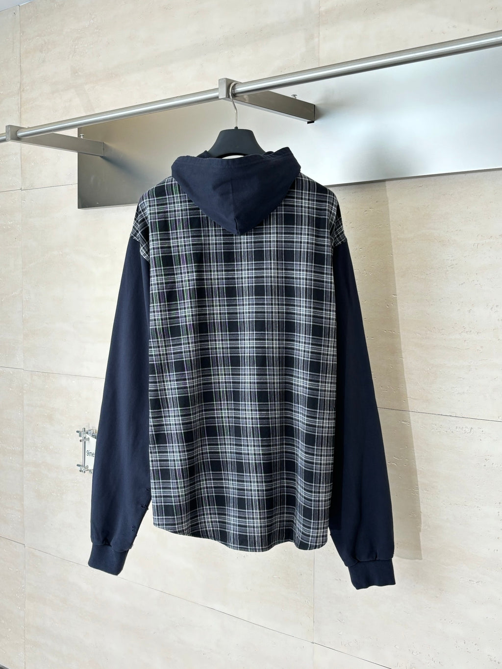 Long-sleeve hooded shirt back view in dark navy with plaid body and hood