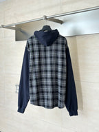 Long-sleeve hooded shirt back view in dark navy with plaid body and hood