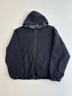 Dark navy zip-up hooded jacket with front zipper and checkered hood lining