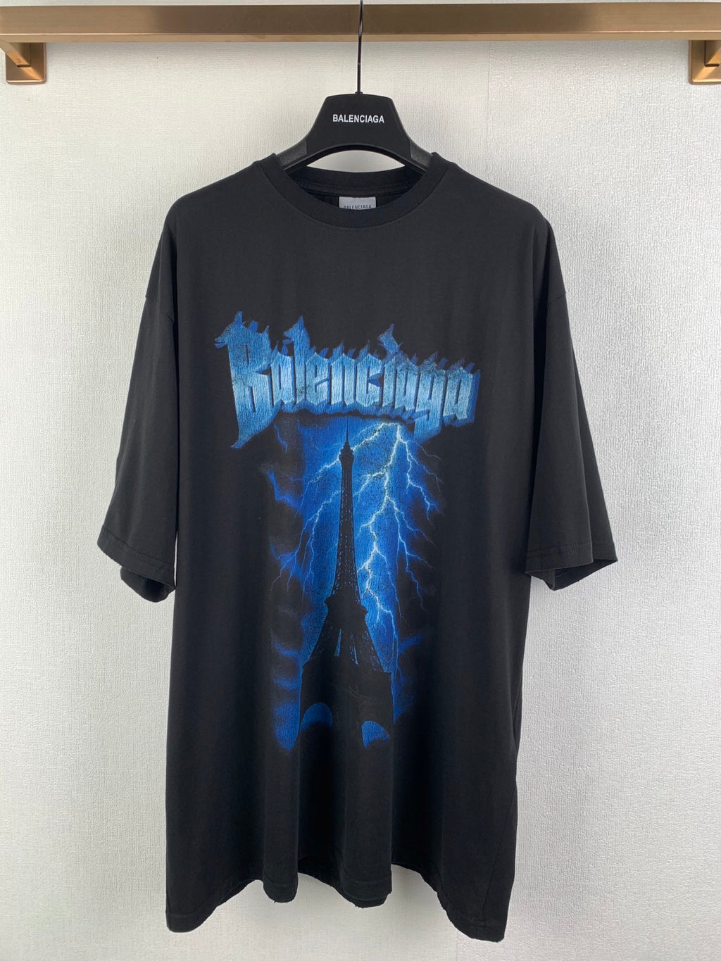 Balenciaga black graphic T-shirt with blue lightning print front, crew neck, short sleeves