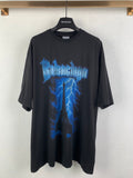 Balenciaga black graphic T-shirt with blue lightning print front, crew neck, short sleeves