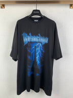 Balenciaga black graphic T-shirt with blue lightning print front, crew neck, short sleeves
