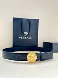 Versace leather belt with dark embossed texture and gold Medusa round buckle