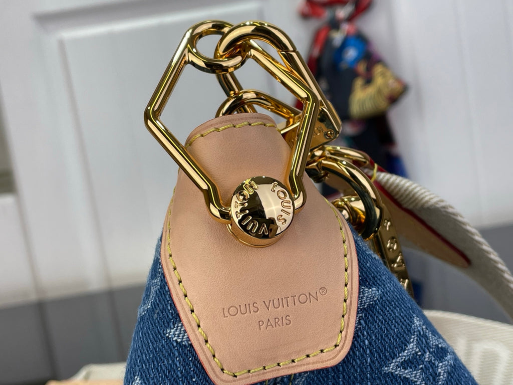 Louis Vuitton hobo bag handle close-up with gold-tone chain and tan leather patch