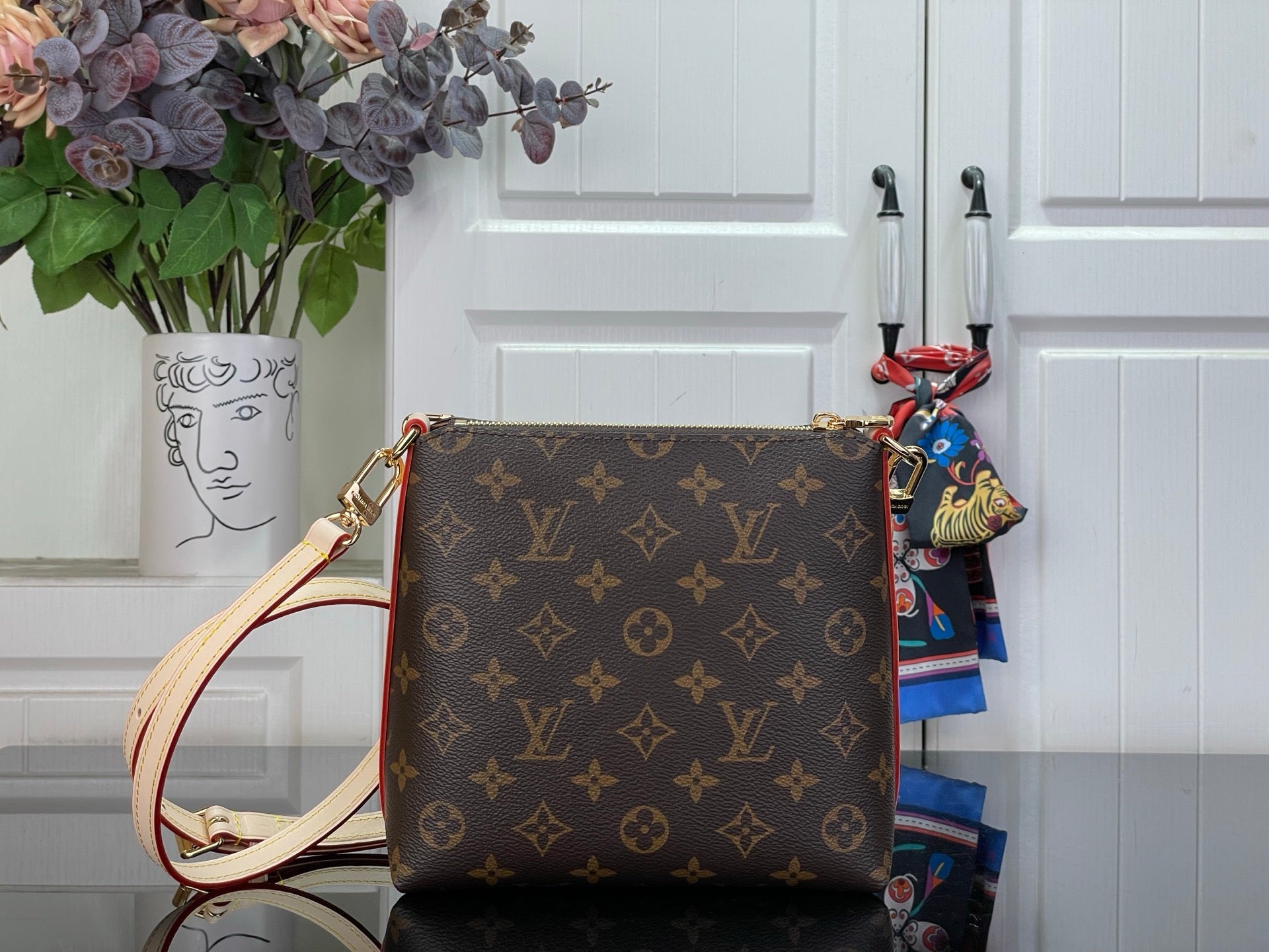 Louis Vuitton monogram crossbody bag, dark brown with top handle and long strap
