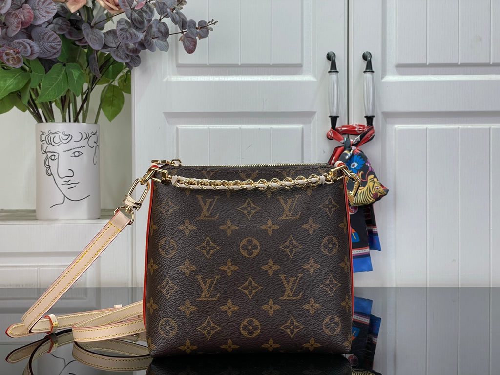 Louis Vuitton monogram shoulder bag, dark brown with gold hardware and long strap