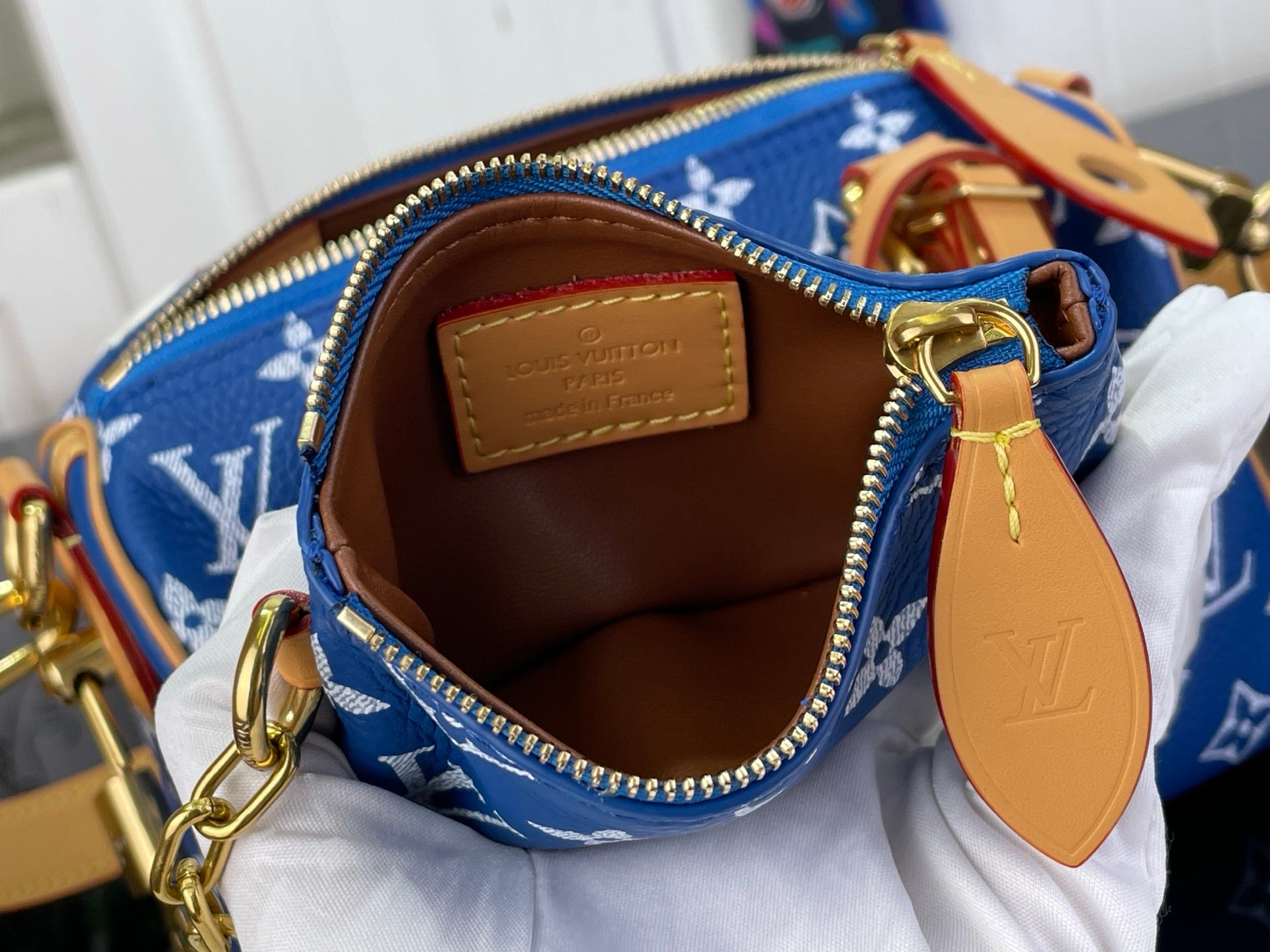 Louis Vuitton bag interior with tan leather label, blue monogram fabric, gold zipper trim