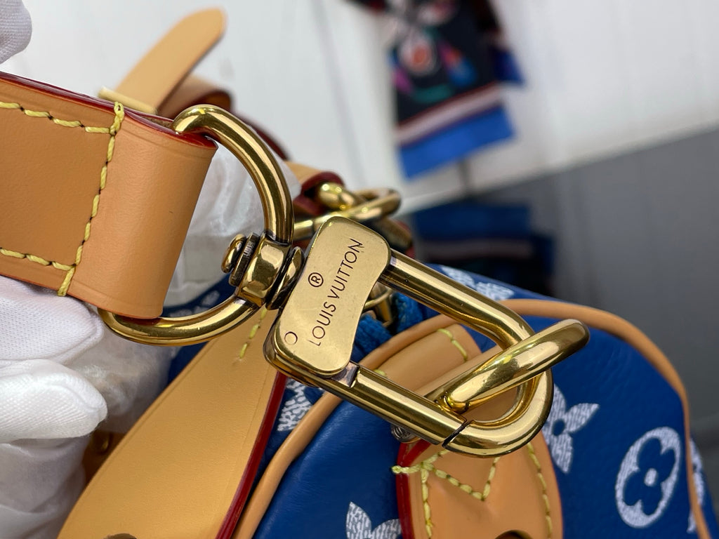 Louis Vuitton blue monogram bag close-up of gold clasp with logo plaque