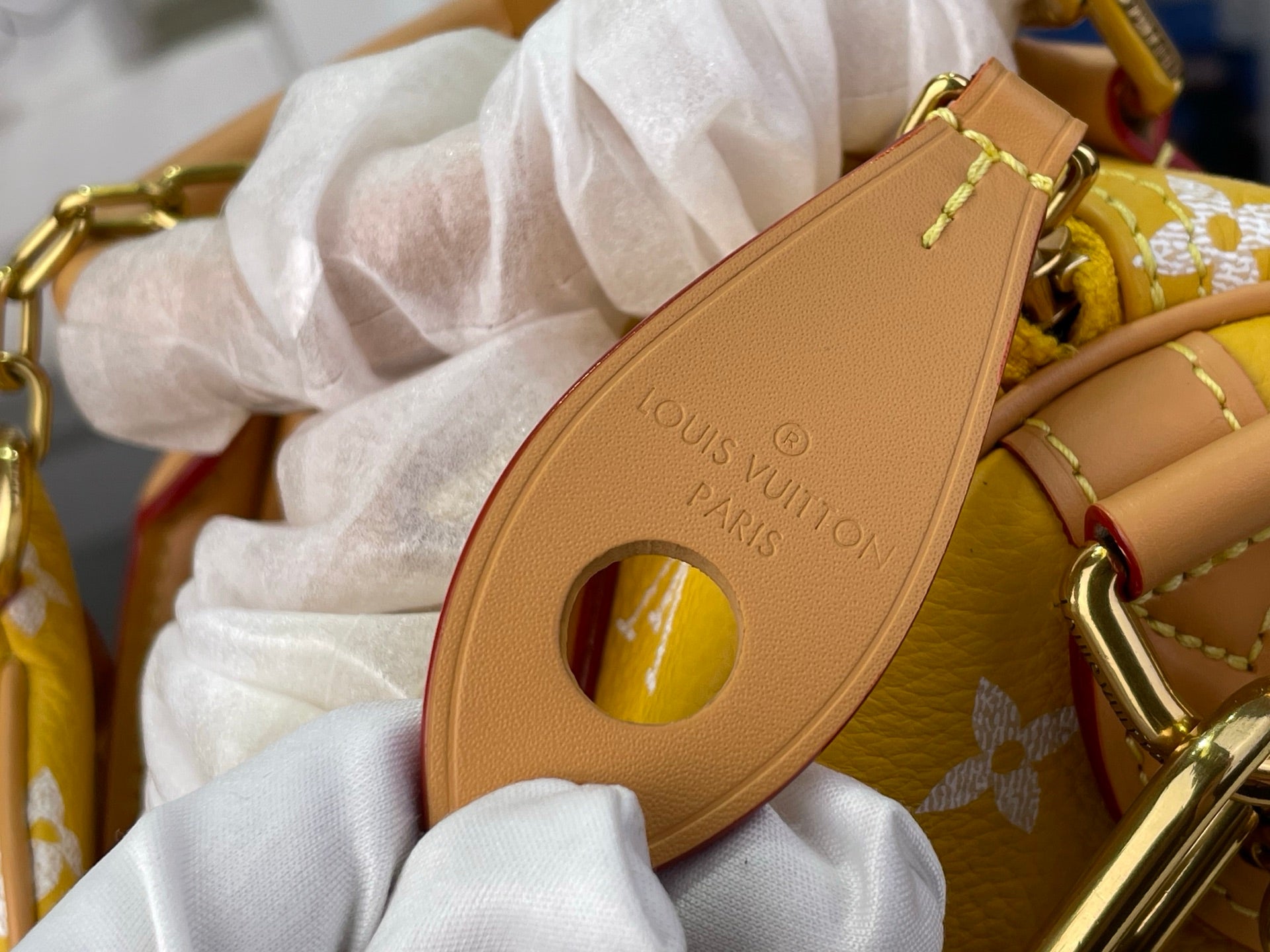 Designer handbag close-up: tan oval strap tab with embossed “LOUIS VUITTON PARIS”