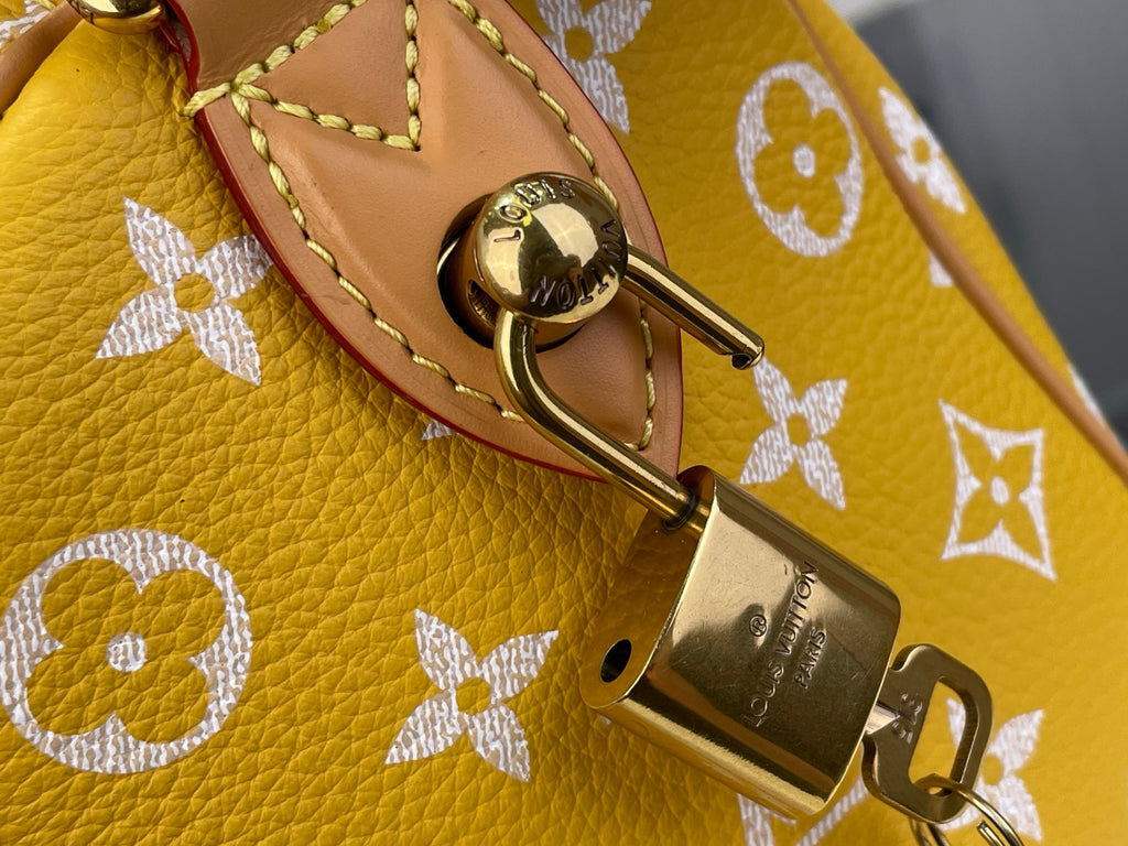 Designer handbag close-up: round snap and gold D-ring on yellow monogram leather