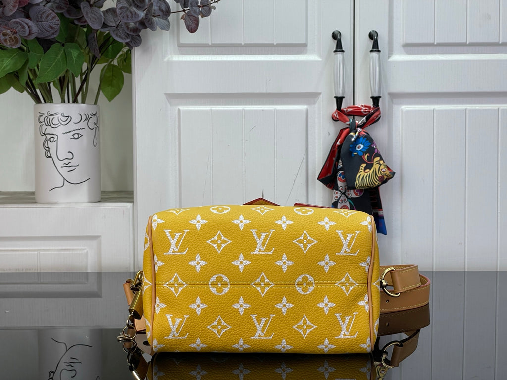 Designer handbag with yellow monogram pattern and tan trim, front flap closed