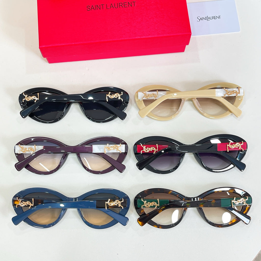 YSL glasses set: four pairs in blue, black, maroon, and tortoise
