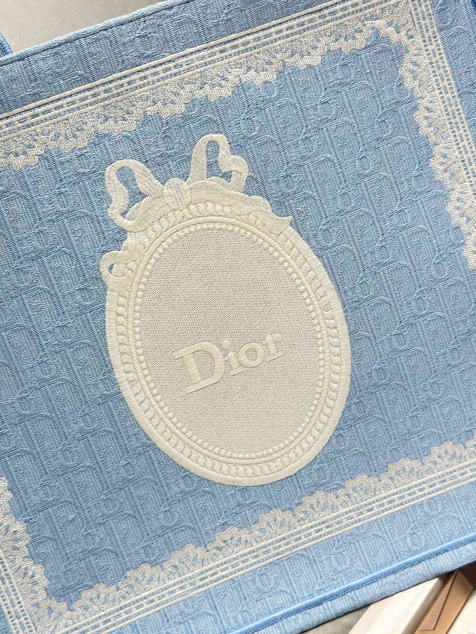 Light blue Dior tote bag front close-up with oval Dior logo patch and trim