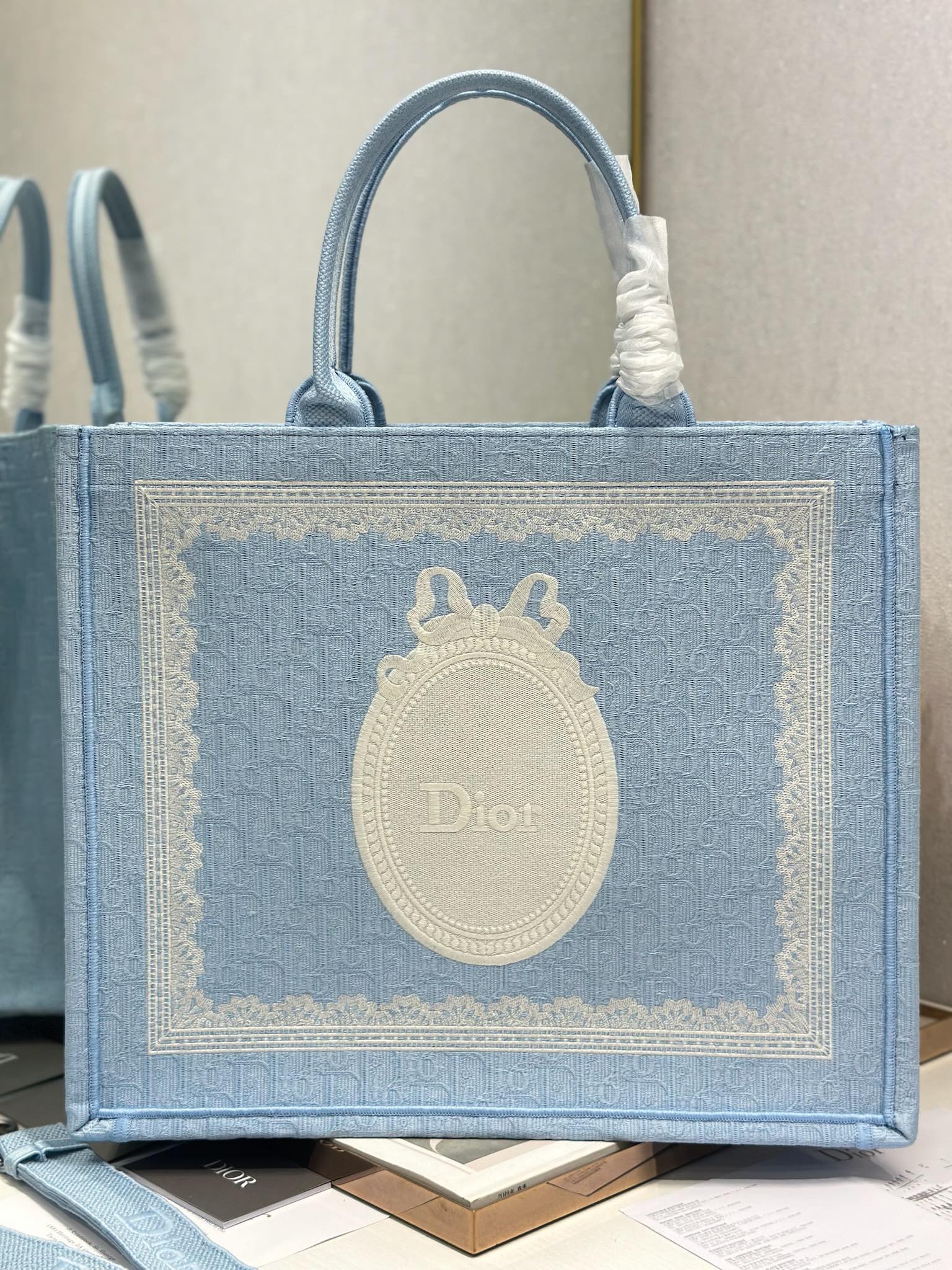 Light blue Dior tote bag with oval Dior logo emblem and rope-like top handles