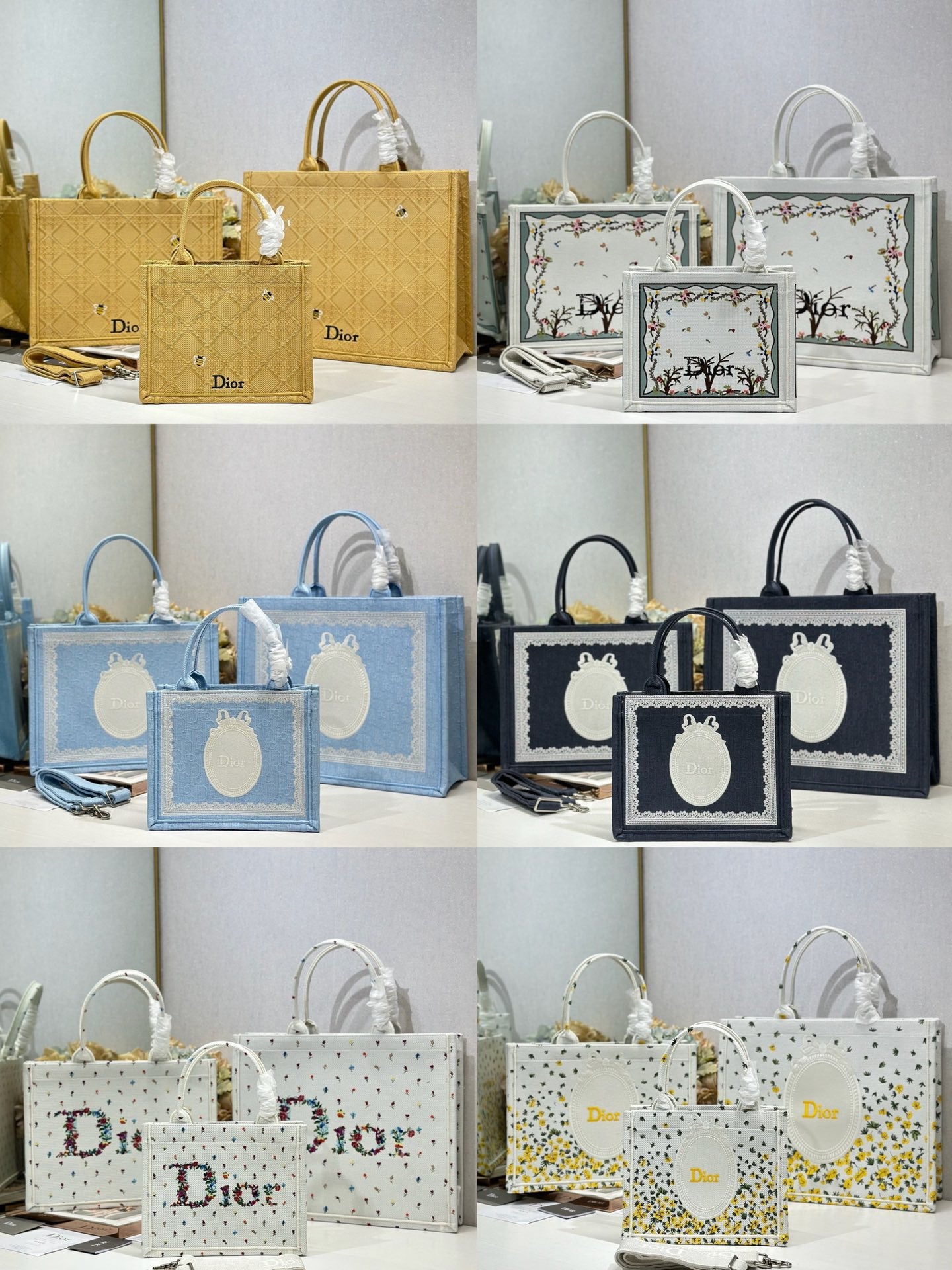 Assorted Dior shopping bags with handles, multiple colors and patterns