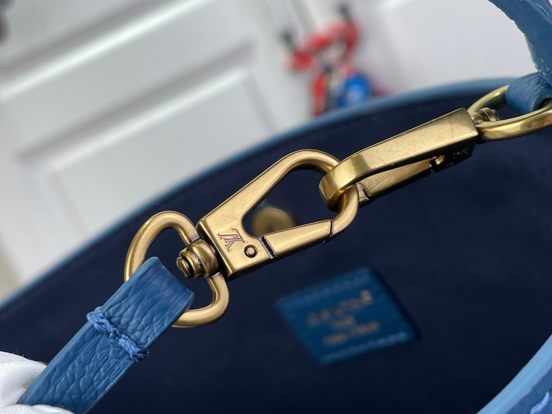 Louis Vuitton bag with blue strap and gold-tone D-ring hardware