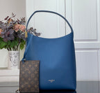 Louis Vuitton blue tote bag with top handle and brown monogram pouch pocket